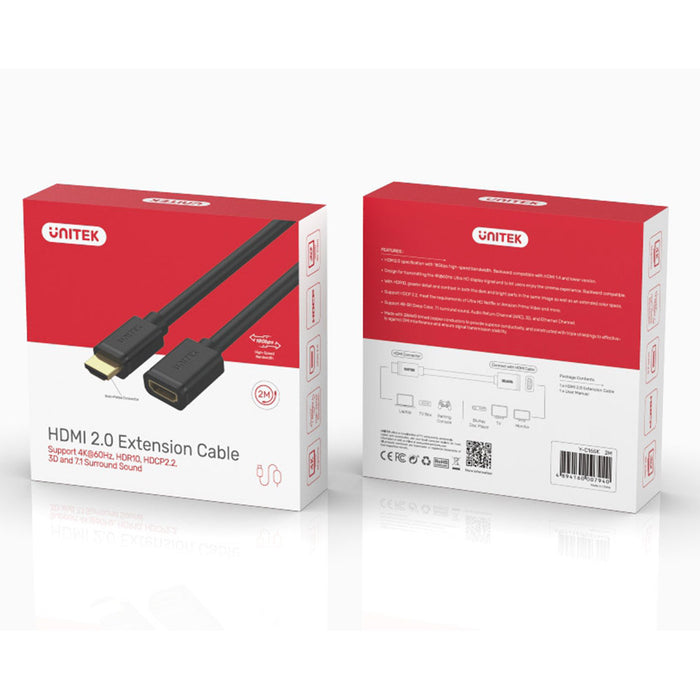 Unitek Y-C165K HDMI Male to Female 4K/HDR Extension Cable 2m