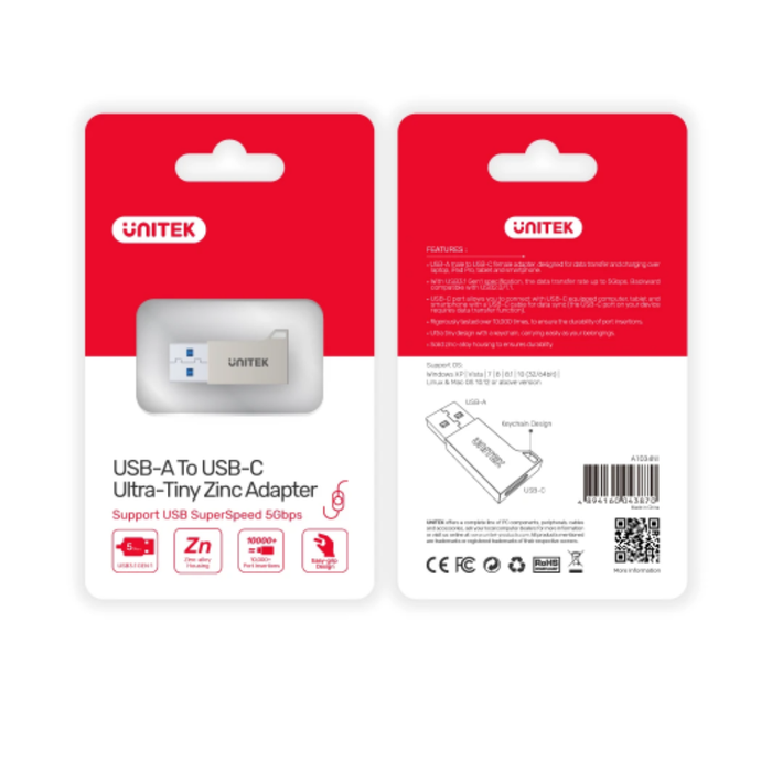 Unitek USB 3.1 Type-C Female to Type-A Male Adapter Silver A1034NI