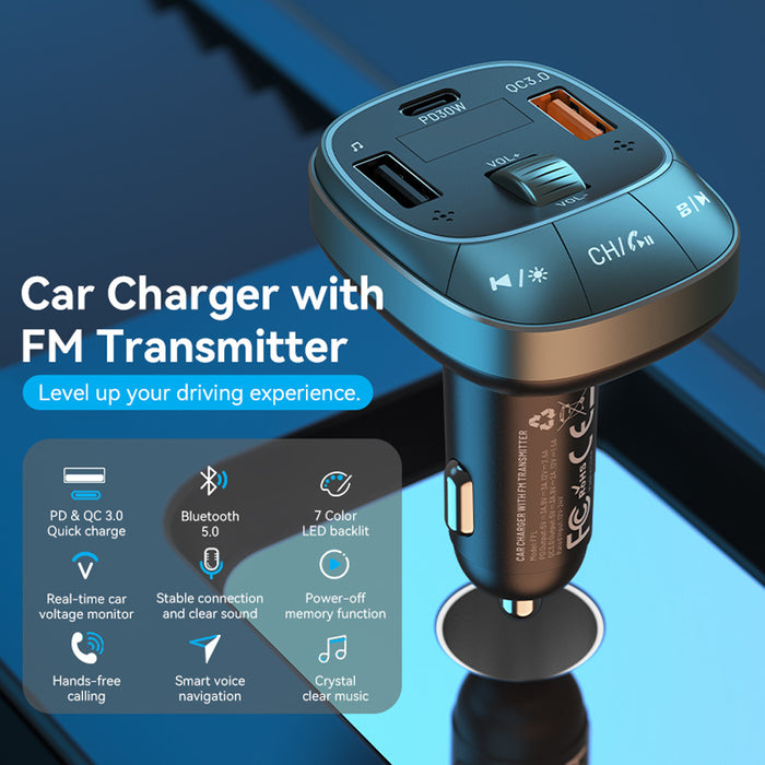 Vention FFLB0 Car FM Transmitter, USB Music Player, Charger 3xUSB 30W/18W/5W