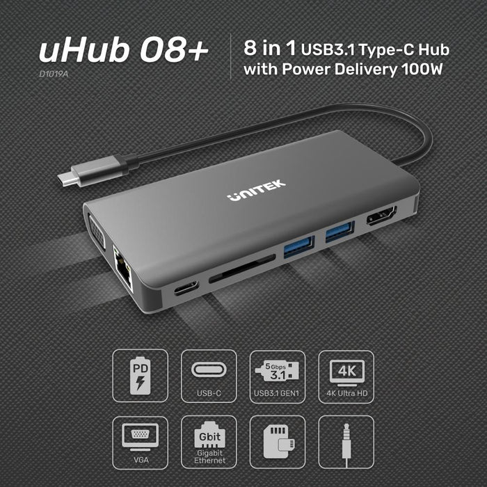 Unitek D1019A Type-C Hub USB3.1 with HDMI/VGA/GB/SD/PD100W