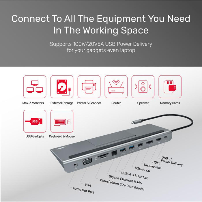 Unitek D1022A Type-C Docking Station USB3.1 PD/HDMI/DP/RJ45/SD/VGA/Audio