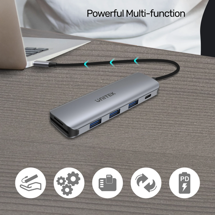 Unitek H1107C Alum Type-C Hub 3x USB3.1/SD/PD100W Hub Space Grey